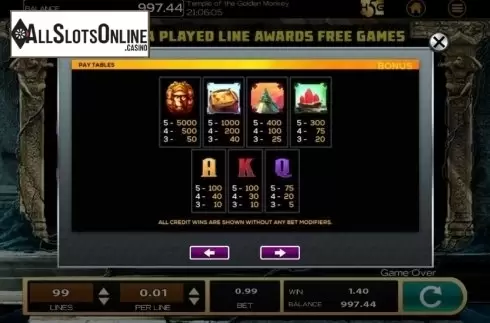 Paytable. Temple of the Golden Monkey from High 5 Games