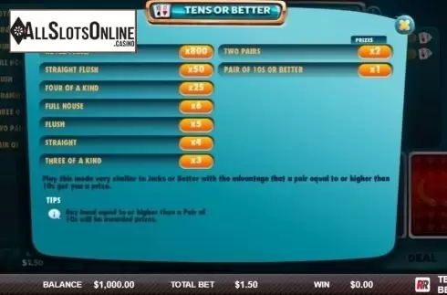 Paytable. Tens or Better (Red Rake) from Red Rake