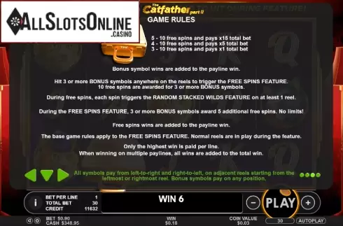 Paytable 3. The Catfather Part II from Pragmatic Play