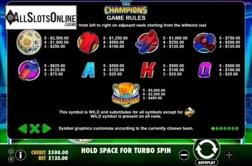 Paytable. The Champions from Pragmatic Play