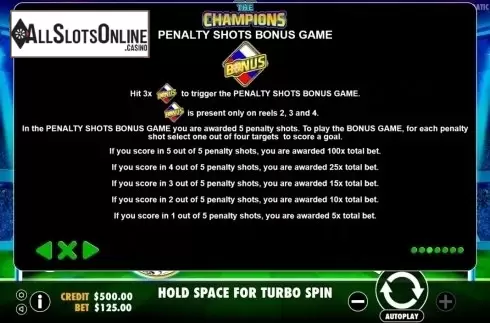 Penalty shots bonus game. The Champions from Pragmatic Play