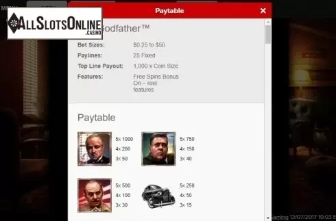 Paytable 1. The Godfather from Gamesys