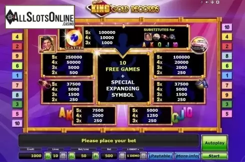 Paytable . The Real King Gold Records from Novomatic