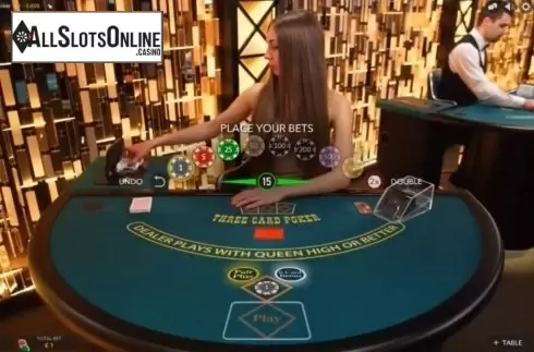 Game Screen. Three Card Poker Live Casino (Evolution Gaming) from Evolution Gaming