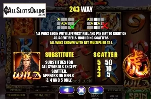 Paytable 1. Tiger Warrior from Spadegaming