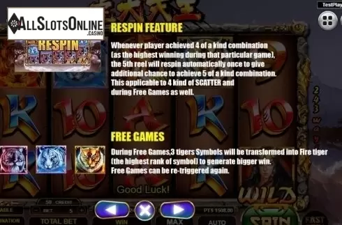 Paytable 5. Tiger Warrior from Spadegaming