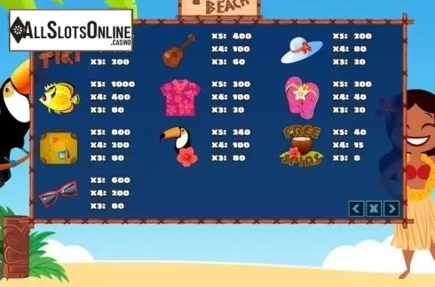 Paytable. Tiki Beach (PlayPearls) from PlayPearls