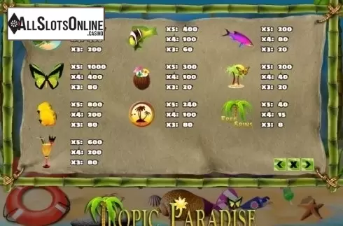 Paytable. Tropic Paradise from PlayPearls