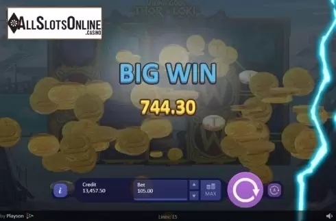 Big Win screen. Viking Gods Thor and Loki from Playson