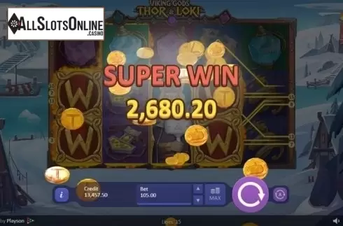 Super Win screen. Viking Gods Thor and Loki from Playson