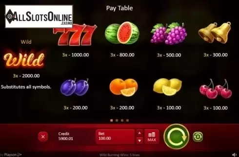Paytable. Wild Burning Wins: 5 lines from Playson