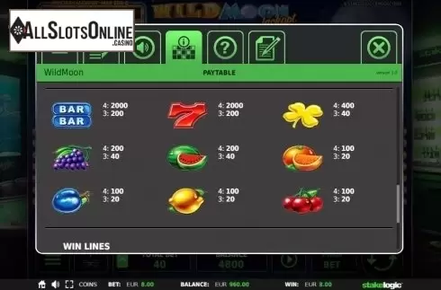 Paytable. Wild Moon Jackpot 5k from StakeLogic