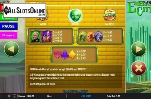 Paytable 2. Wizard of Oz: Emerald City from WMS