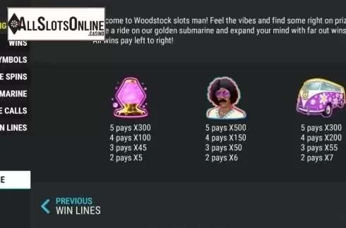 Paytable 1. Woodstock Slots from Slot Factory