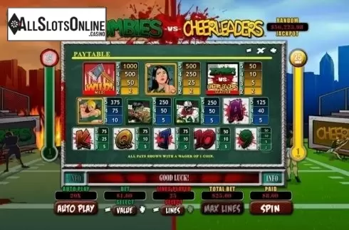 Paytable. Zombies vs Cheerleaders from RTG
