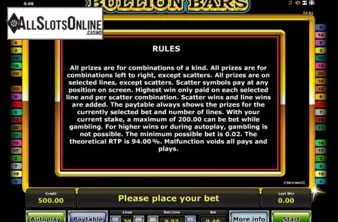 Paytable 3. Bullion Bars from Greentube