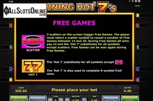 Paytable 2. Burning Hot Sevens from Greentube