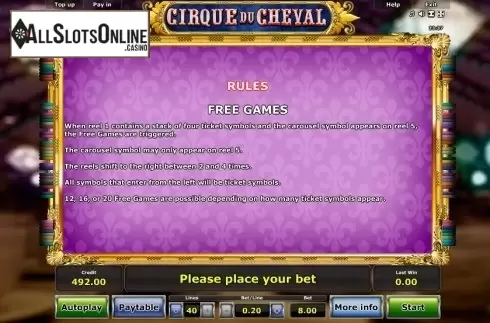 Paytable 4. Cirque du Cheval from Greentube