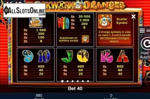 Paytable 1. Clockwork Oranges from Greentube
