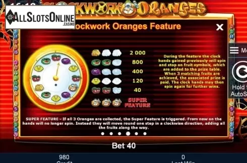 Paytable 4. Clockwork Oranges from Greentube