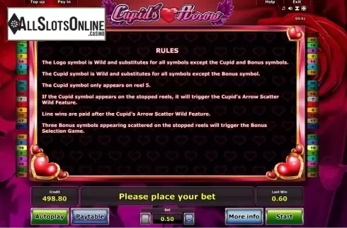 Paytable 3. Cupid´s Arrow from Greentube