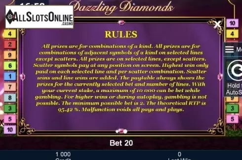 Paytable 2. Dazzling Diamonds from Greentube