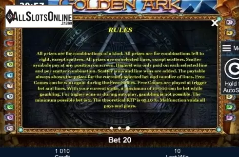 Paytable 3. Golden Ark from Greentube