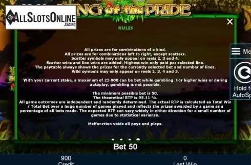 Paytable 4. King of the Pride from Mazooma