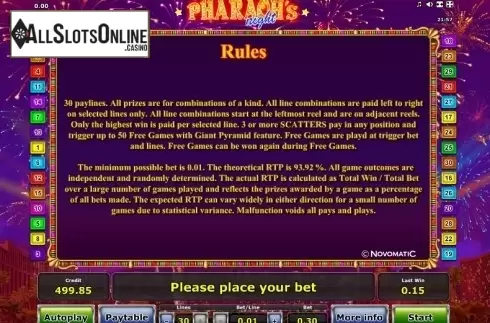 Paytable 5. Pharaoh´s Night from Greentube