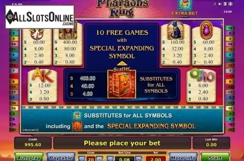 Paytable 1. Pharaoh's Ring from Greentube