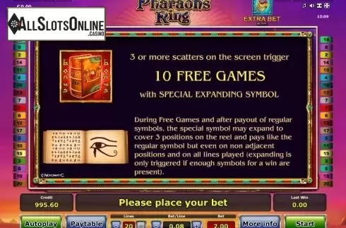 Paytable 2. Pharaoh's Ring from Greentube
