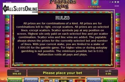 Paytable 4. Pharaoh's Ring from Greentube