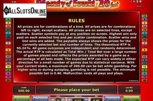 Paytable 2. Plenty of Fruit 20 Hot from Greentube