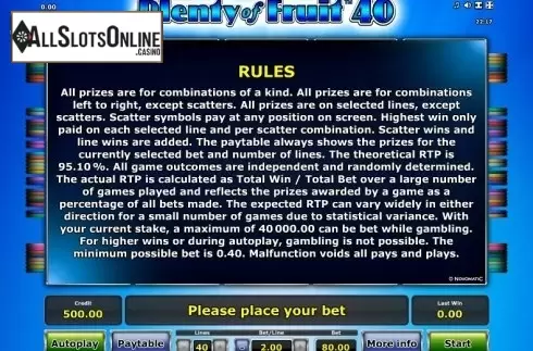 Paytable 2. Plenty of Fruit 40 from Greentube