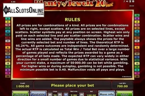 Paytable 2. Plenty of Jewels 20 Hot from Greentube