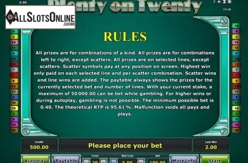 Paytable 2. Plenty on Twenty from Greentube