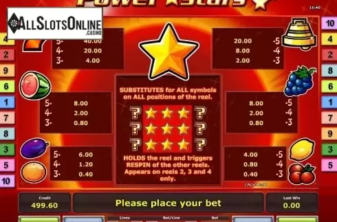 Paytable 1. Power Stars from Greentube