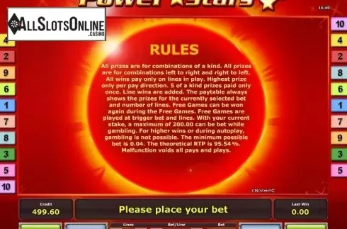 Paytable 2. Power Stars from Greentube