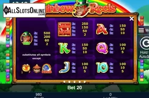 Paytable 1. Rainbow Reels from Greentube