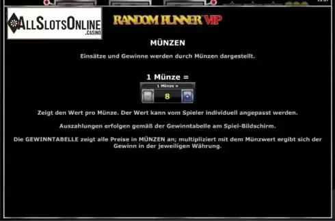Paytable 1. Random Runner VIP from Greentube