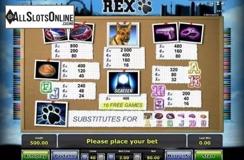 Paytable 1. Rex from Greentube