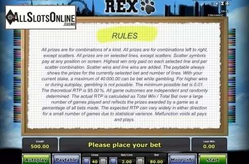 Paytable 3. Rex from Greentube