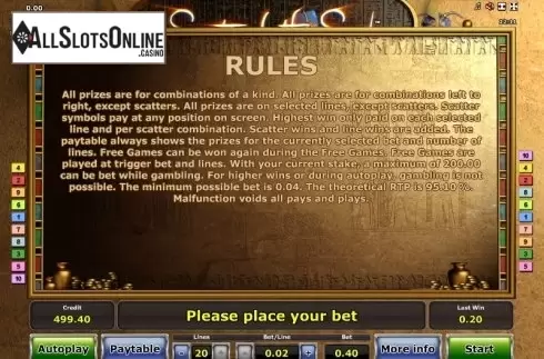 Paytable 3. Secrets of the Sand from Greentube