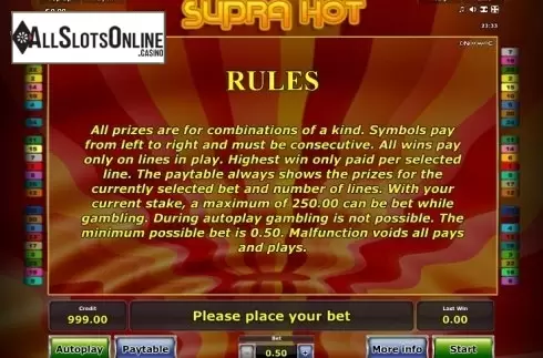 Paytable 2. Supra Hot from Greentube