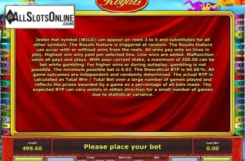 Paytable 3. The Royals from Greentube