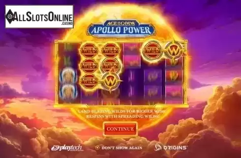 Start Screen. Age of the Gods: Apollo Power from Playtech Origins