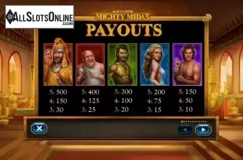 Paytable. Age of the Gods: Mighty Midas from Playtech Origins