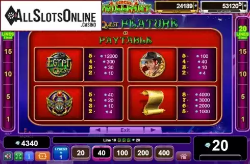 Paytable 2. Circus Brilliant Egypt Quest from EGT