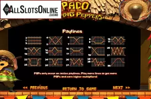 Paytable 3. Paco and the Popping Peppers from Betsoft