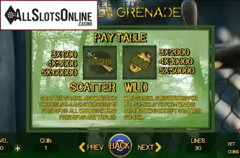 Paytable 1. The Last Drop Golden Grenade from Skyrocket Entertainment